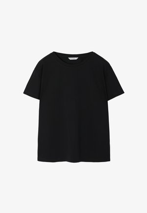 Tricou negru cu mânecă scurtă și decolteu rotund, realizat dintr-un material moale și neted. Prezintă o croială lejeră și nu are modele sau accente vizibile.