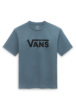 T-shirt bleu à manches courtes et col rond avec un logo Vans noir centré sur la poitrine.