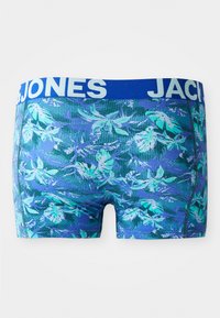 Blauwe boxershorts met een bloemenpatroon in verschillende tinten groen. Voorzien van een effen blauwe tailleband met "JACK & JONES" in witte tekst.