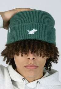 Vihreä neulottu pipo, jossa on joustinneulosta ja valkoinen kirjailtu koirakuvio edessä. Hattu istuu tiiviisti ja peittää otsan.