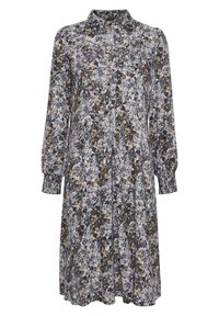 Rochie cu mânecă lungă dintr-un material ușor, cu un model floral în nuanțe de negru, maro și alb, având guler și închidere cu nasturi.
