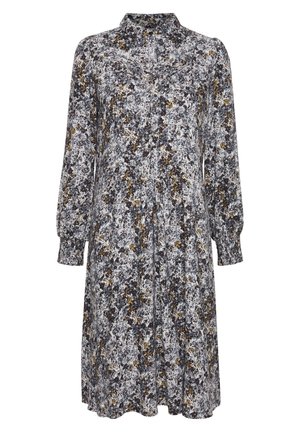 Rochie cu mânecă lungă dintr-un material ușor, cu un model floral în nuanțe de negru, maro și alb, având guler și închidere cu nasturi.