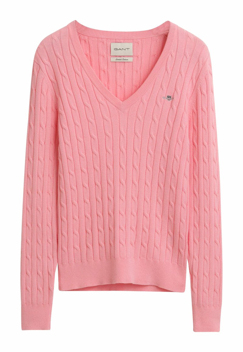 Jersey de punto trenzado rosa con escote en V, mangas largas y dobladillo acanalado. Detalle de logo sutil en el pecho, confeccionado con material de algodón suave.