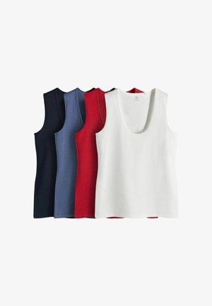Gestapelte ärmellose Tanktops in Schwarz, Marineblau, Rot und Weiß mit Rundhalsausschnitt auf weißem Hintergrund.