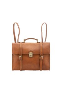 Borsa a messaggero in pelle marrone con patta, due cinturini frontali, una chiusura dorata e una maniglia superiore. Presenta una superficie liscia e un design elegante.