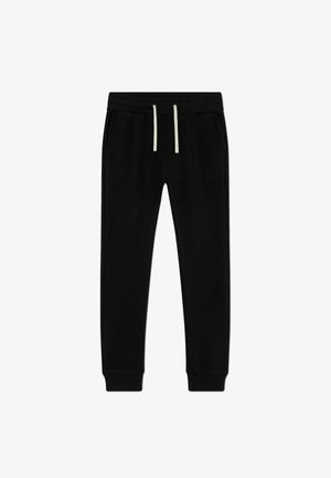 Pantalons de survêtement noirs avec une taille à cordon de serrage et des poignets côtelés. Fabriqués en tissu doux, avec deux poches latérales pour plus de commodité.