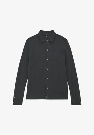 Cămașă lungă cu mâneci lungi, de culoare gri închis, cu nasturi și guler, având o textură netedă și accente de nasturi argintii pe față și la manșete.