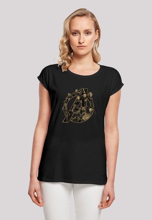 Czarny t-shirt z krótkim rękawem z przyciągającą wzrok złotą grafiką postaci w logo „A”, wykonany z miękkiej tkaniny o luźnym kroju.