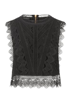 Top in pizzo nero con orlo a sottogola e motivi intricati. Ha un collo alto e una cerniera sul retro per la chiusura.