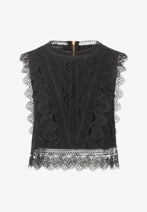 Black lace top featuring a scalloped hem and intricate patterns. It has a high neck and a back zipper for closure.