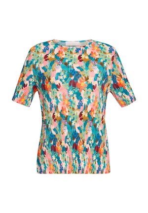 Mehrfarbige Bluse mit kurzen Ärmeln, die eine gerippte Textur aufweist, einen runden Halsauschnitt hat und lebendige Blau-, Pink-, Orange- und Grüntöne zeigt.