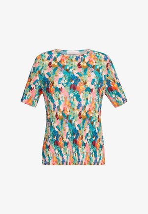 Mehrfarbige Bluse mit kurzen Ärmeln, die eine gerippte Textur aufweist, einen runden Halsauschnitt hat und lebendige Blau-, Pink-, Orange- und Grüntöne zeigt.