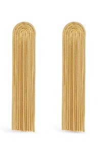 Gouden oorbellen met lange, cascaderende kettingfranje met ronde toppen, die ingewikkelde verbindingen en een gladde textuur tonen.