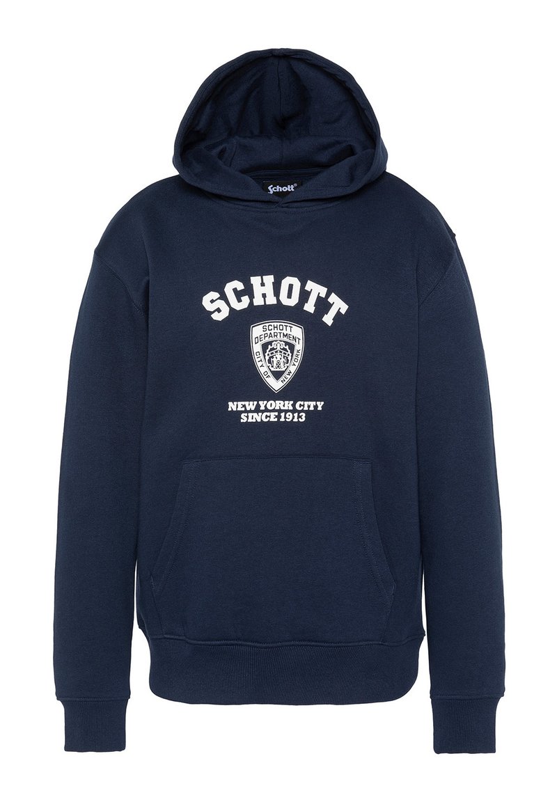 Sudadera azul marino de algodón, presenta un bolsillo frontal, capucha con cordón y texto blanco con un logo de escudo en el pecho.