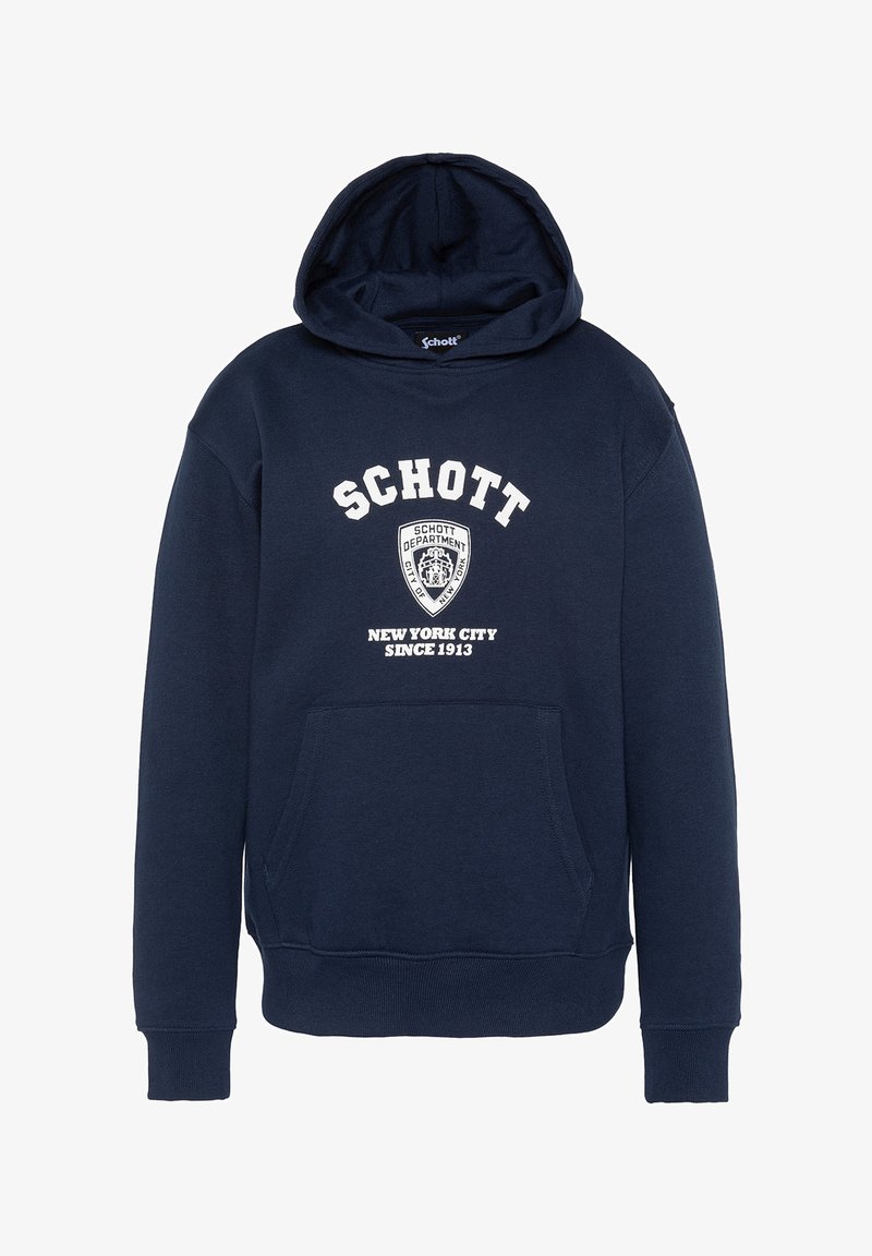 Sudadera azul marino de algodón, presenta un bolsillo frontal, capucha con cordón y texto blanco con un logo de escudo en el pecho.
