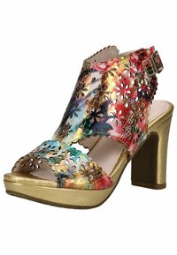 Bunte High-Heel-Sandaletten mit ausgeschnittenem Blumenmuster, metallic-goldenen Akzenten, offener Zehenpartie und Knöchelriemen. Glatte Textur mit glänzendem Finish.