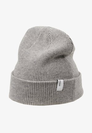 Gray ribbed knit beanie with a folded cuff and a small label. Soft texture, casual shape, and medium thickness suitable for cool weather.