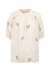 Cremefarvet bluse med korte pufærmer, der har guld blomsterbroderi og knaplukning fortil. Letvægtsstof med diskrete lodrette striber.
