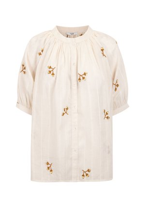 Crème kleurige blouse met korte pofmouwen, met gouden bloem borduursels en een knoopsluiting aan de voorkant. Lichtgewicht stof met subtiele verticale strepen.