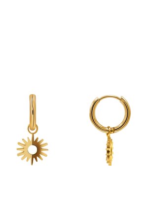 Boucles d'oreilles créoles en or avec pendentifs en forme d'éclat solaire présentant un centre circulaire et des pointes rayonnantes, vues de face et de côté.