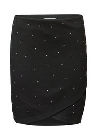 Czarna spódnica z elastycznego materiału, z kopertowym fasonem i rozsypanymi srebrnymi ćwiekami jako ozdobą. Gładka faktura i dopasowany krój.