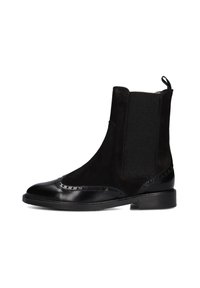 Zwarte Chelsea-laarzen met een suède bovenwerk, elastische zijpanelen en een gladde leren neus. Voorzien van decoratieve brogue-details en een lage hak.