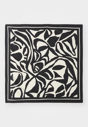 Svart og kremfarget rektangulær skjerf med et abstrakt bladmønster med sterke linjer, avsluttet med en kontrastfargekant. Jevn tekstur.