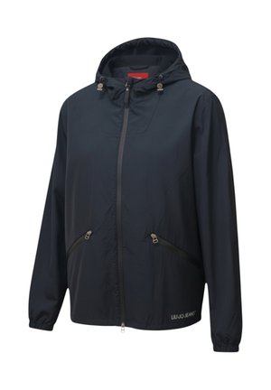 Giacca con cappuccio blu scuro con cerniera frontale e due tasche laterali con cerniera, polsini elasticizzati e logo "Liu Jo Jeans" nella parte inferiore destra.