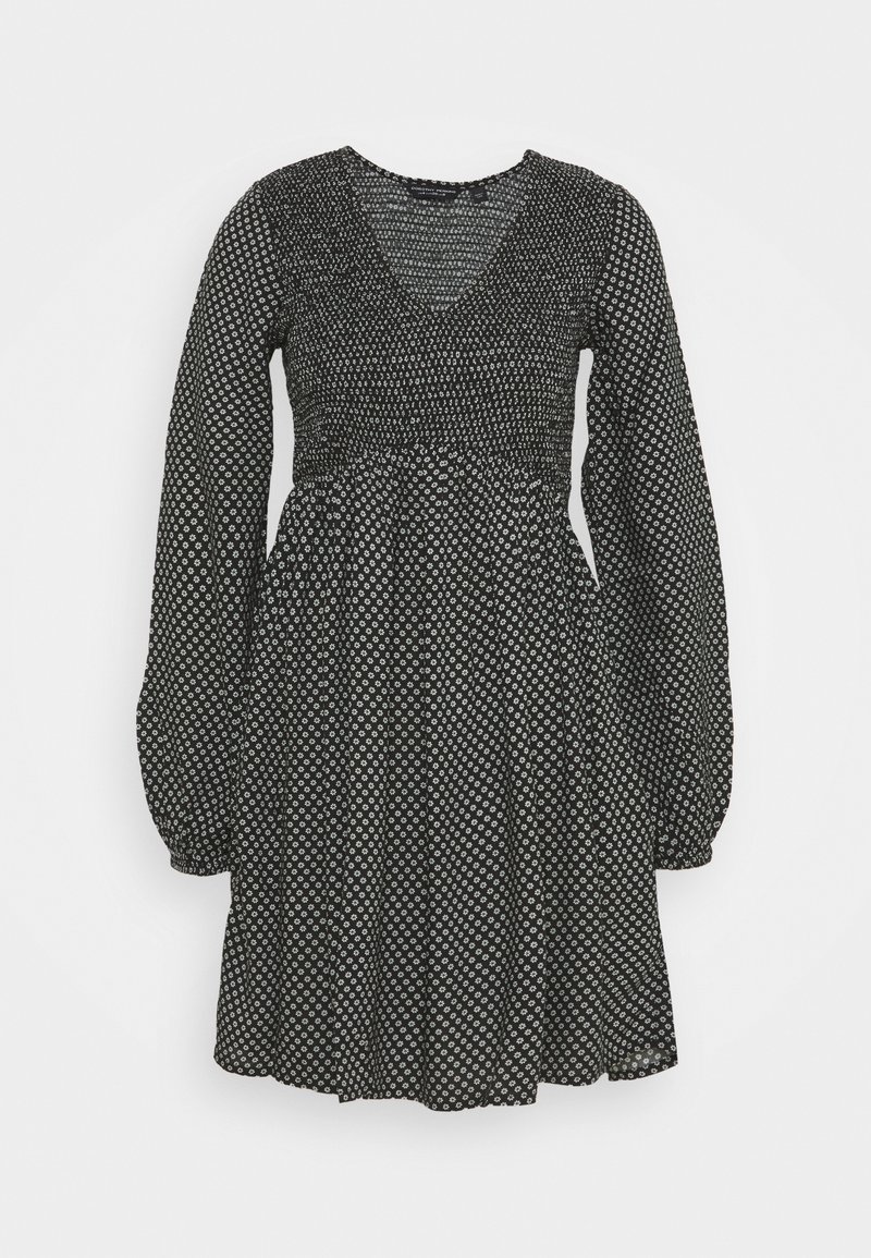 Schwarzes Kleid mit langen Puffärmeln, V-Ausschnitt und gerafftem Oberteil. Es hat ein weißes Blumenmuster auf der gesamten Oberfläche und einen ausgestellten Rock.