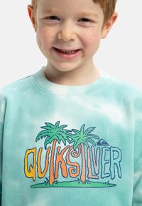 Mátově zelená mikina se grafickým vzorem s palmami a nápisem "QUIKSILVER" v multibarevném písmu. Bavlněný materiál, žebrovaný výstřih.