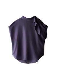 Blusa senza maniche di colore viola scuro con collo alto, spalla asimmetrica con bottoni e vestibilità ampia e fluida.