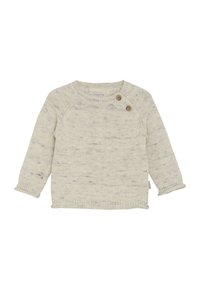 Kremowy dziergany sweterek dla niemowlaka z długimi rękawami, z dwoma drewnianymi guzikami przy dekolcie oraz subtelnymi szarymi plamkami na całym materiale.