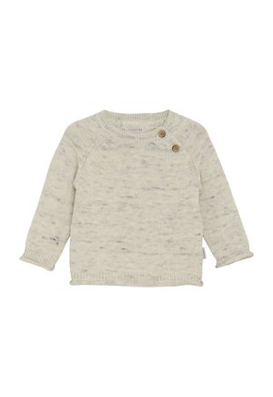 Cremefarbener Strickbaby-Pullover mit langen Ärmeln, zwei Holzknöpfen am Halsbereich und dezenten grauen Sprenkeln im gesamten Stoff.