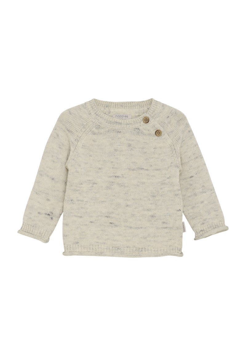 Kremowy dziergany sweterek dla niemowlaka z długimi rękawami, z dwoma drewnianymi guzikami przy dekolcie oraz subtelnymi szarymi plamkami na całym materiale.