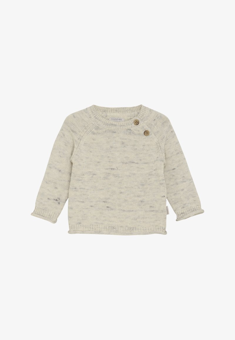 Kremowy dziergany sweterek dla niemowlaka z długimi rękawami, z dwoma drewnianymi guzikami przy dekolcie oraz subtelnymi szarymi plamkami na całym materiale.