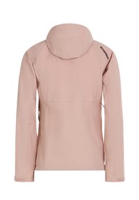 Jasnoróżowa, wodoodporna kurtka z kapturem i długimi rękawami, z małym logo na prawym ramieniu, widziana od tyłu.