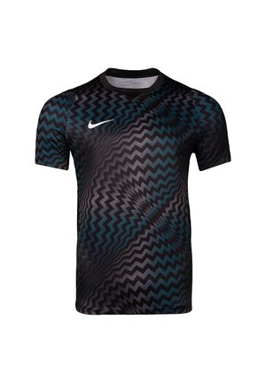 Kortærmet sort sportstrøje med mørkeblå zigzag-mønster og hvidt Nike-logo på brystet.