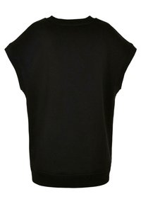 Must värvi lühikeste varrukatega sweatshirt, millel on mugav lõige, ümmargune kaelus ja soonikkoes äär. Sile tekstuur, ilma mustrite või aktsentideta.