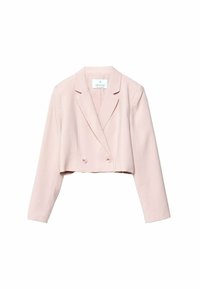 Krótki blezer w miękkim różowym materiale z długimi rękawami, wciętymi klapami, dwurzędowym zapięciem i dwoma okrągłymi guzikami. Czysty, usystematyzowany design.