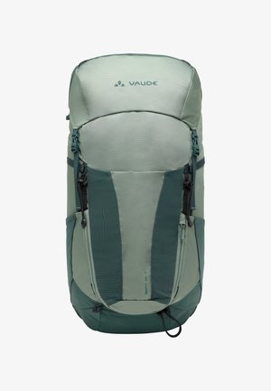 Lichtgroene Vaude-ruimtesak met gaasaccenten, een ronde bovenkant, meerdere ritssluitingen en verstelbare schouderbanden. Gemaakt van duurzame materialen.