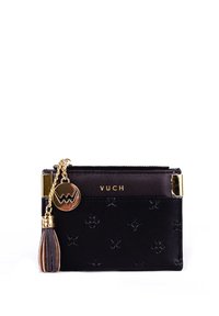 Černý peněženka na karty s embosovaným květinovým vzorem, zlatými detaily a se třásněmi. Na přední straně logo "VUCH" v zlaté barvě.