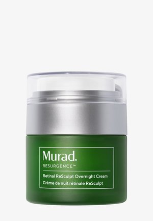 Green glass jar with a silver lid, containing Murad Retinal ReSculpt Overnight Cream. Label features white text against a green background.