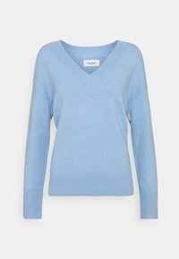 Ljusblå tröja med V-ringning, långa ärmar och ribbade ärmslut och nederkant. Mjuk textur; avslappnad design som passar för lager-på-lager.