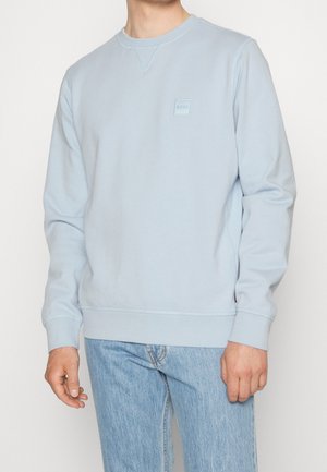 Lichtblauwe sweatshirt van een katoenmix, met een ronde hals, geribde manchetten, subtiele stiksels en een klein logopatch op de borst.