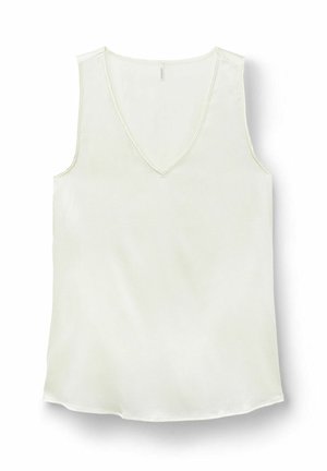 Top bez rękawów w kolorze kremowym z dekoltem w serek, wykonany z gładkiego materiału o nieco luźnym kroju i delikatnie zaokrąglonym dołem. Brak widocznych zdobień.