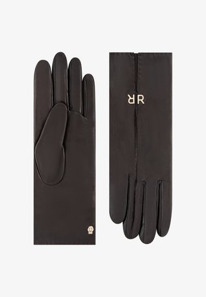 Black leather gloves laid flat, one showing palm with small skull emblem, the other back with gold double R logo near wrist.