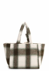 Tasche mit einem weichen, karierten Muster in Beige und Dunkelgrün, featuring zwei Stoffgriffe und einer breiten Öffnung für einfache Zugänglichkeit.