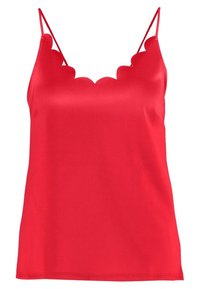 Camiseta de satén rojo con tirantes finos y escote con bordes en forma de ola. Textura suave con un dobladillo recto y sin adornos adicionales.