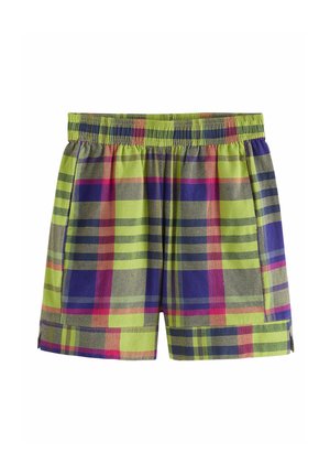 Pantaloni scurți cu talie elastică, cu model mare în carouri în culorile verde lime, bleumarin, mov și roșu, având mici tăieturi laterale la tiv.