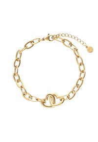 Gouden armband met een schakelsysteem van ovalen schakelstukken en een hartvormig middenstuk, voorzien van een karabijnsluiting en een verlengbare ketting.